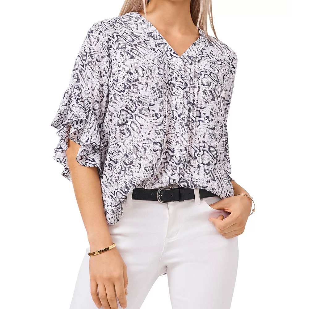 NEW Vince Camuto White Grey Blouse Snake Skin Print Bell Flutter Sleeve Sz XS